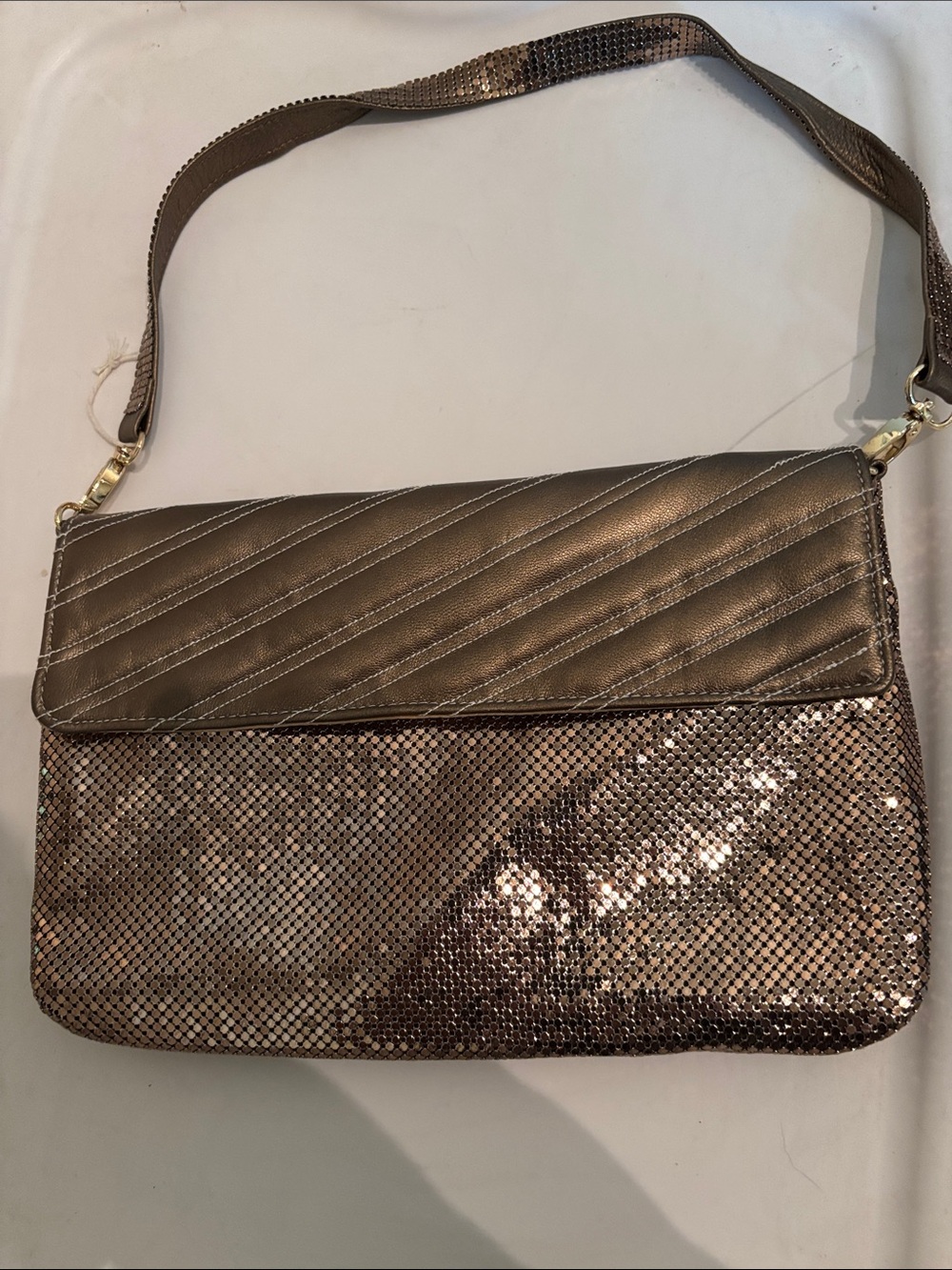 Whiting & Davis Metallic Bronze Quilted Flap Shoulder Bag